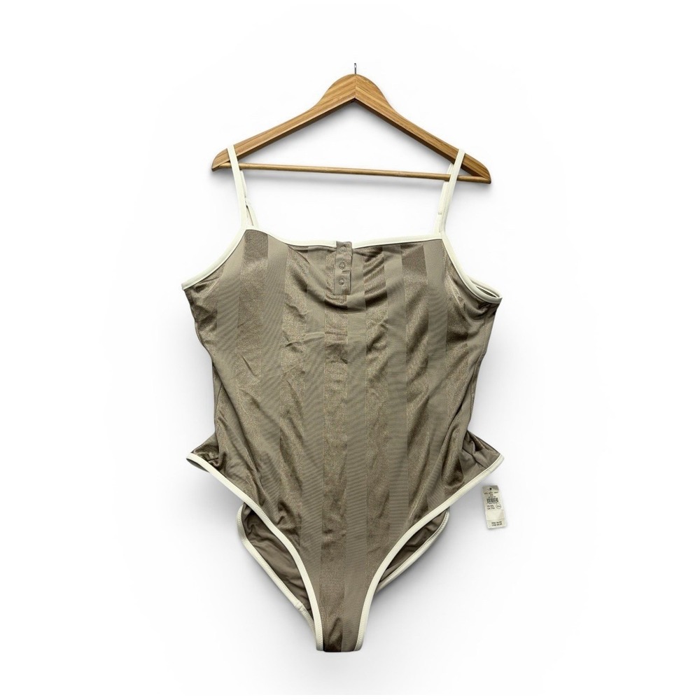 Aerie Womens Swimsuit XXL Beige Stripe One Piece Henley High leg Full Coverage